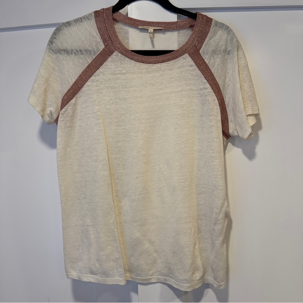 Maje Cream Short-Sleeve Tee with Dusty Rose Trim